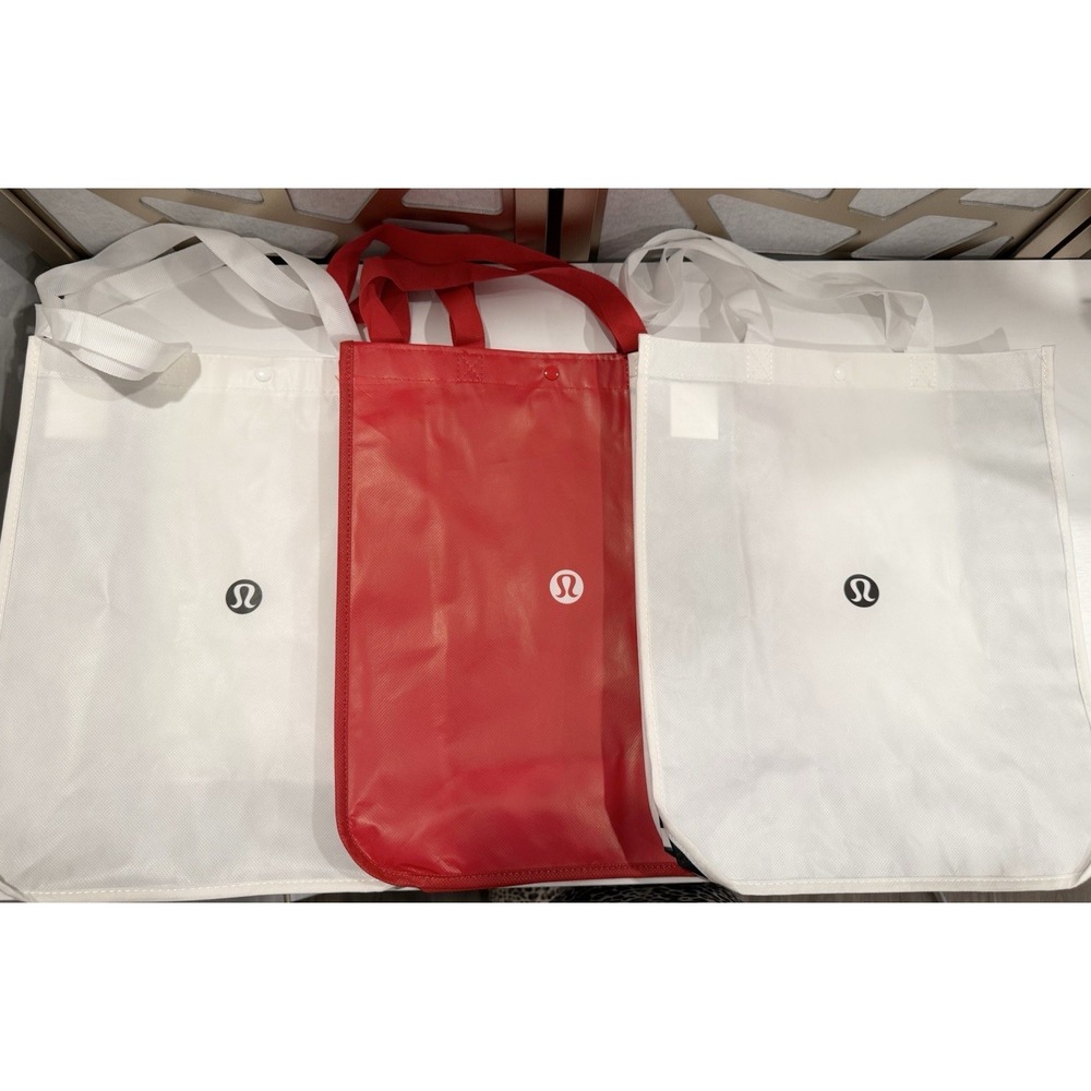 New Lululemon Reusable Button Large Tote Shopper Shopping Bag Lot 3 White & Red - Picture 1 of 8